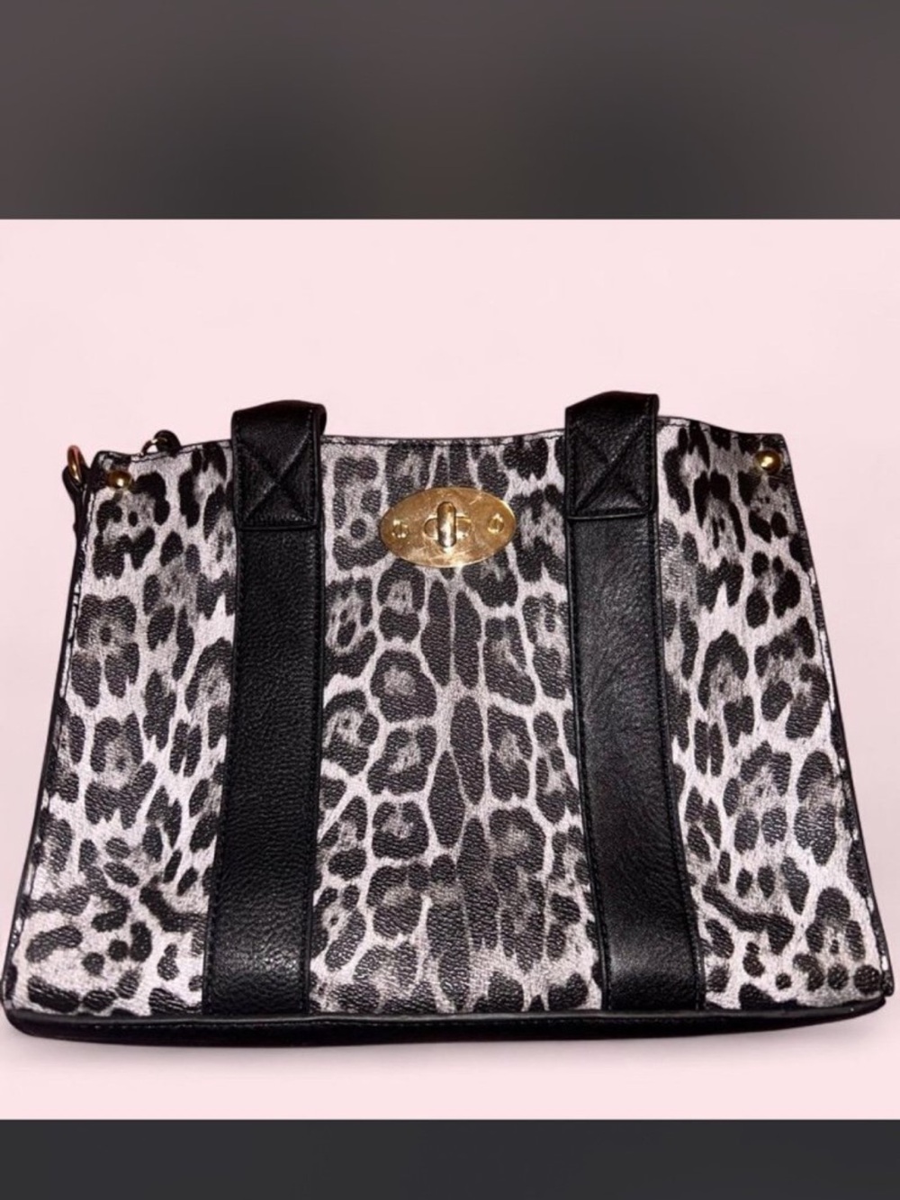 Black & White Leopard Print Tote Bag with Gold Accent